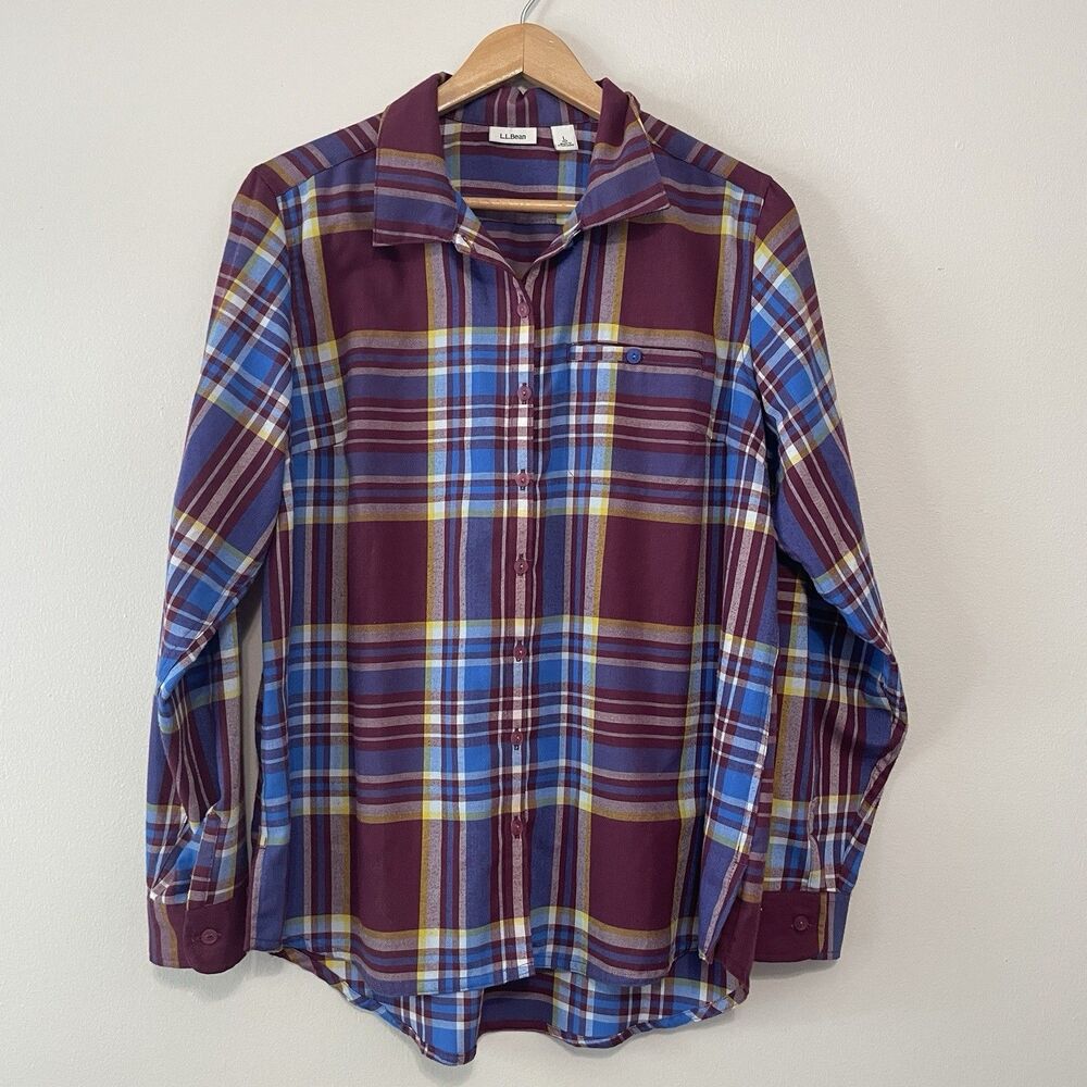 L.L.Bean Womens Scotch Plaid Flannel Shirt L Maroon Blue Wool Blend Fall Classic